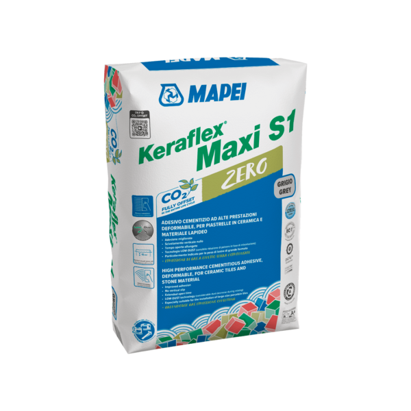 KERAFLEX MAXI S1 ZERO (Bianco (PALLETS (50*23) 1150Kg)) - Adesivo cementizio grigio e bianco ad alte prestazioni, a scivolamento verticale nullo, a tempo aperto allungato, deformabile, con tecnologia Low Dust, speciale per piastrelle in ceramica e pietra naturale di grandi formati.
