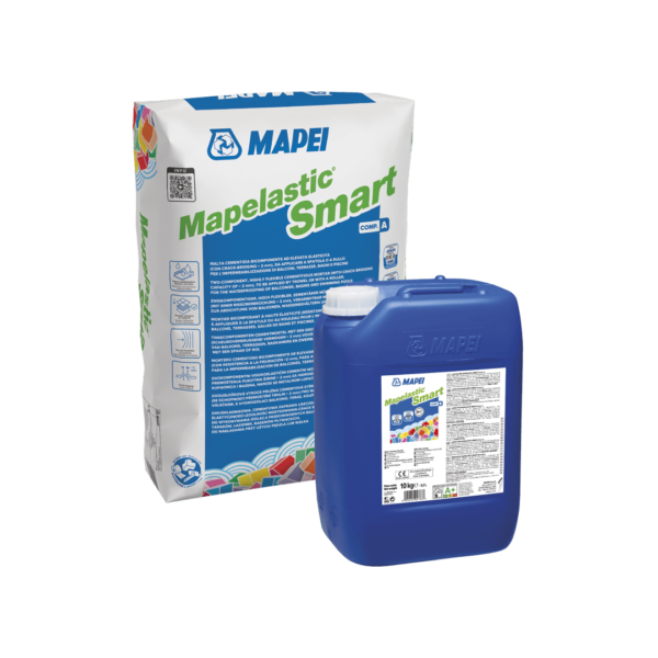 MAPELASTIC SMART (KIT A+B30Kg) - Malta cementizia bicomponente a elevata elasticità (con crack-bridging > 2 mm), da applicare a spatola o a rullo, per l’impermeabilizzazione di balconi, terrazze, bagni e piscine.