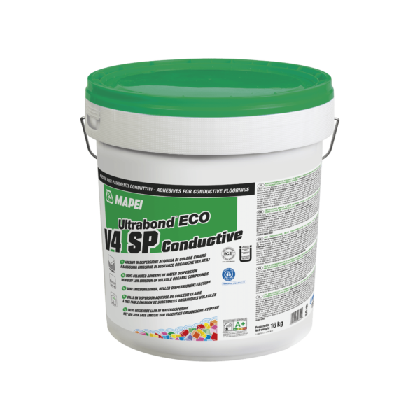 ULTRABOND ECO V4 SP CONDUCTIVE - Adesivo in dispersione acquosa di colore chiaro per la posa di pavimenti conduttivi, a bassissima emissione di sostanze organiche volatili (VOC).