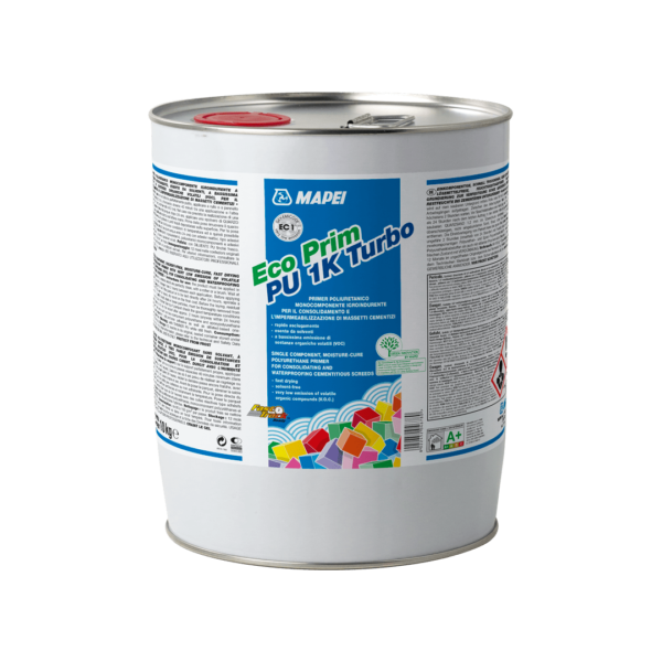 ECO PRIM PU 1K TURBO - Primer poliuretanico monocomponente igroindurente ad asciugamento rapido, esente da solventi, a bassissime emissioni di sostanze organiche volatili (VOC), per il consolidamento e l’impermeabilizzazione di massetti cementizi.