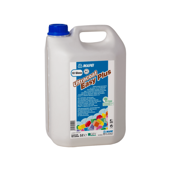 ULTRACOAT EASY PLUS (TANICA 5Lt) - Vernice monocomponente all’acqua 100% poliuretanica per pavimenti in legno, a bassa emissione di sostanze organiche volatili ad elevata resistenza all’usura ed all’abrasione. Idoneo per pavimenti soggetti a traffico pedonale medio alto.
