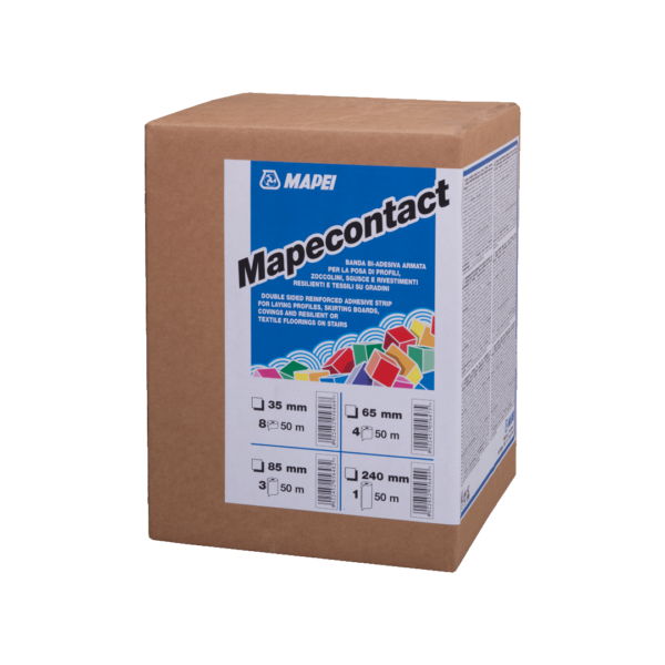 MAPECONTACT - Banda bi-adesiva armata per la posa di profili, zoccolini, sgusce e rivestimenti resilienti e tessili su gradini.