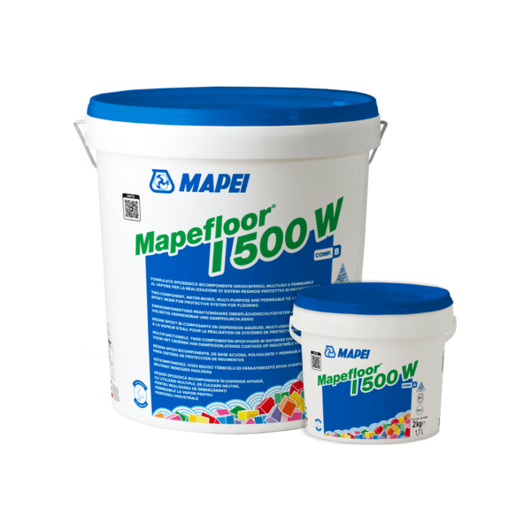 MAPEFLOOR I 500 W (KIT A+B 26Kg) - Formulato epossidico bicomponente idrodisperso multiuso e permeabile al vapore per pavimentazioni industriali, di colore neutro.