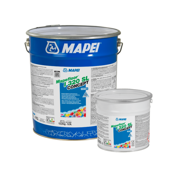 MAPEFLOOR I 320 SL CONCEPT (KIT A+B 16,8Kg) - Rivestimento epossidico autolivellante con effetto granulare colorato, per la realizzazione di pavimentazioni decorative nello spessore di 2mm circa