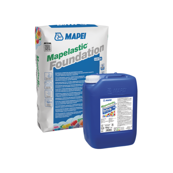 MAPELASTIC FOUNDATION (KIT A+B 32Kg) - Malta cementizia bicomponente elastica per l’impermeabilizzazione di superfici in calcestruzzo soggette a spinta idraulica positiva e negativa.