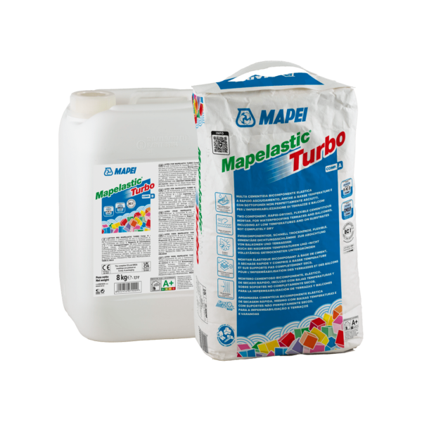 MAPELASTIC TURBO (KIT A+B 36Kg) -  malta cementizia bicomponente elastica a rapido asciugamento, anche a basse temperature e con sottofondi non perfettamente asciutti, purchè stagionati.