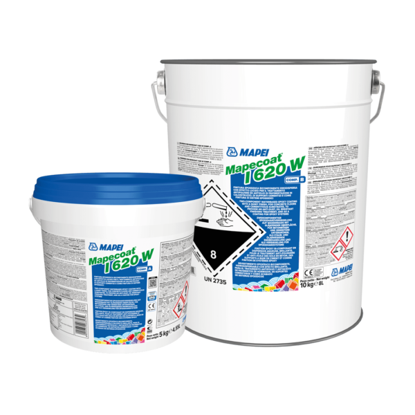 MAPECOAT I 620 W (KIT 15Kg) - Finitura epossidica bicomponente idrodispersa con effetto lucido per il trattamento antipolvere ed antiolio di pavimentazioni in calcestruzzo, di supporti cementizi e come finitura di sistemi epossidici.