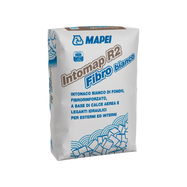 INTOMAP R2 FIBRO BIANCO (25Kg) -  Intonaco bianco di fondo, fibrorinforzato, a base di calce aerea e leganti idraulici per esterni e interni.