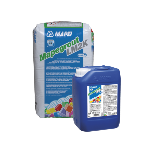 MAPEGROUT LM2K (A+B 30,25Kg) - Malta cementizia tissotropica bicomponente, a basso modulo elastico, fibrorinforzata e additivata con inibitore di corrosione a base organica, per il ripristino del calcestruzzo in spessore da 3 a 20 mm, in una sola mano