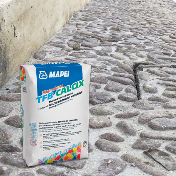 MAPESTONE TFB CALCIX (25Kg) - Malta premiscelata esente da cemento e con elevata percentuale di riciclato, a base calce, per l’allettamento di pavimentazioni in pietra di marciapiedi, piazze, strade, anche di pregio storico, non soggette a traffico pesante. - immagine 2