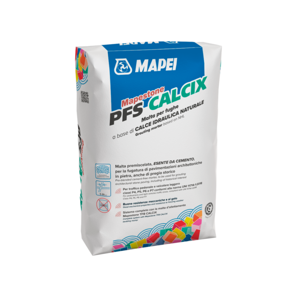MAPESTONE PFS CALCIX (25Kg Neutro) - Malta premiscelata esente da cemento e con elevata percentuale di riciclato, a base calce, per la stuccatura di pavimentazioni in pietra di marciapiedi, piazze, strade, anche di pregio storico, non soggette a traffico pesante.
