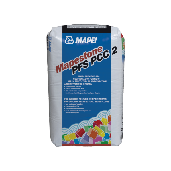 MAPESTONE PFS PCC 2 (25Kg) - La malta premiscelata a basso modulo elastico per stuccare pavimentazioni in pietra carrabili soggette a traffico veicolare anche intenso e pesante.