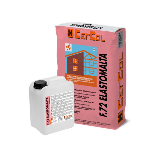 F.72 ELASTOMALTA (KIT A+B 32Kg) - Malta cementizia bicomponente, fibrorinforzata, elastica per la protezione e l’impermeabilizzazione di superfici in calcestruzzo, balconi, terrazze, pavimentazioni esistenti, bagni e piscine. Elevata resistenza ai raggi UV.