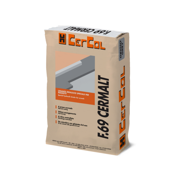 F.69 CERMALT (20Kg) - Legante idraulico ad essiccazione ed indurimento semirapido a base di cementi speciali ad alta resistenza ed additivi sintetici per la realizzazione di sottofondi di posa.