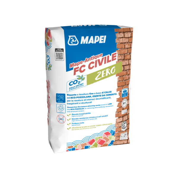 MAPE-ANTIQUE FC CIVILE (25Kg - Colore: BIANCO) - Malta da rasatura traspirante a tessitura fine, resistenti ai sali, a base di calce ed ECO-POZZOLANA, esente da cemento, per la finitura civile di intonaci.