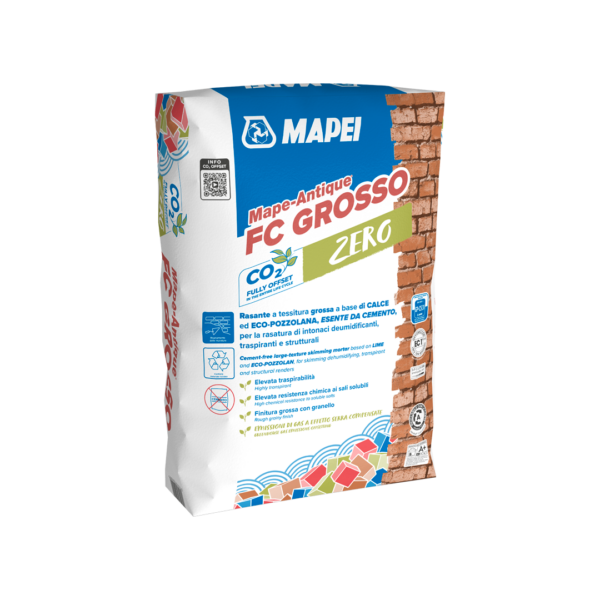 MAPE-ANTIQUE FC GROSSO (25Kg) - Malta da rasatura traspirante a tessitura grossa, resistente ai sali, a base di calce ed Eco-Pozzolana, esente da cemento, per la finitura grossa di intonaci.
