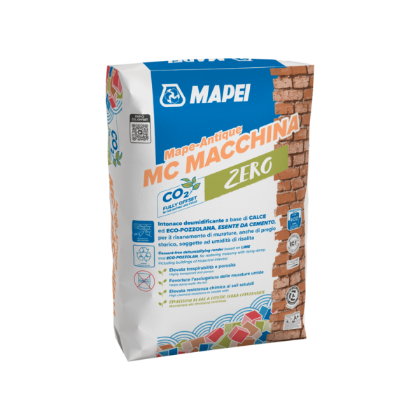 MAPE-ANTIQUE MC MACCHINA (25Kg) - Malta per intonaci deumidificanti macroporosi, resistente ai sali, a base di calce ed Eco-Pozzolana, per il risanamento di murature esistenti, anche di pregio storico.