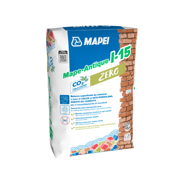 MAPE-ANTIQUE I-15 (20Kg) - Legante idraulico fillerizzato, resistente ai sali, a base di calce ed ECO-POZZOLANA, per confezionare boiacche da iniezione superfluide per il consolidamento di murature.