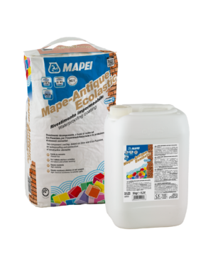 MAPE-ANTIQUE ECOLASTIC (KIT A+B 15Kg) - Rivestimento elastico bicomponente pigmentabile, resistente ai sali e ai raggi ultravioletti, a base di calce, Eco-Pozzolana e materiale riciclato, esente da cemento, per l’impermeabilizzazione e la protezione di elementi costruttivi, anche di pregio storico e artistico.