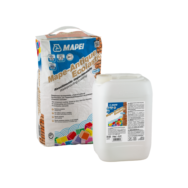 MAPE-ANTIQUE ECOLASTIC (KIT A+B 15Kg) - Rivestimento elastico bicomponente pigmentabile, resistente ai sali e ai raggi ultravioletti, a base di calce, Eco-Pozzolana e materiale riciclato, esente da cemento, per l’impermeabilizzazione e la protezione di elementi costruttivi, anche di pregio storico e artistico.
