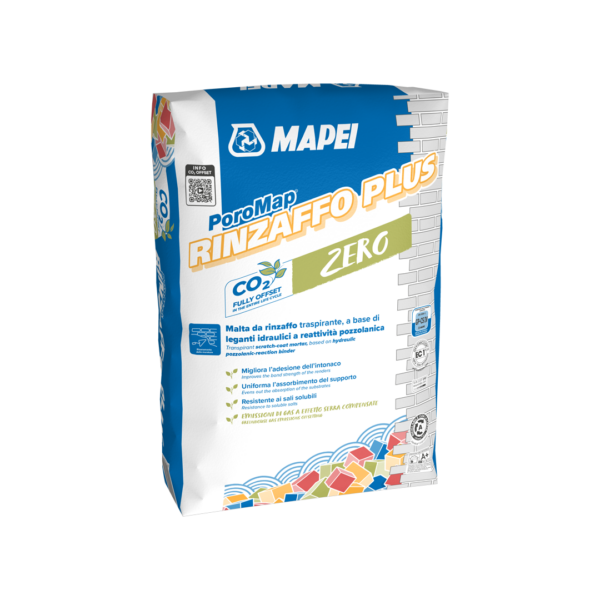 POROMAP RINZAFFO PLUS (25Kg) - Malta da rinzaffo traspirante, resistente ai sali, a base di leganti idraulici a reattività pozzolanica, da applicare come primo strato per migliorare l’adesione e uniformare l’assorbimento del supporto.