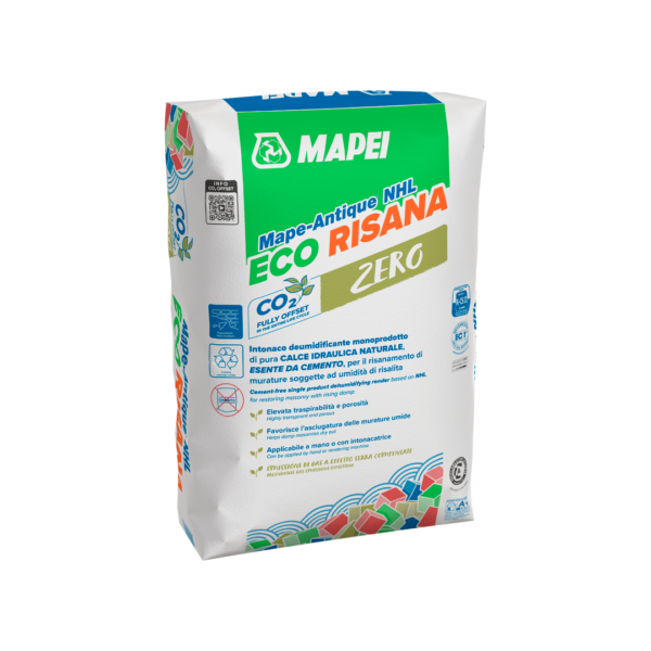 MAPE-ANTIQUE NHL ECO RISANA (20Kg) - L’intonaco deumidificante monoprodotto a base di pura calce idraulica naturale e materiale riciclato, esente da cemento.