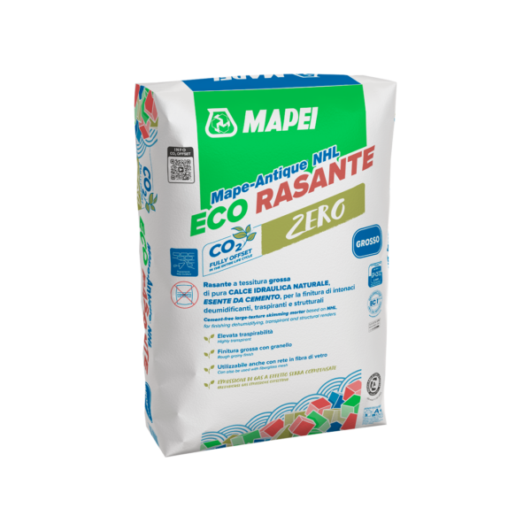 MAPE-ANTIQUE NHL ECO RASANTE GROSSO (25Kg) - Eco malta da rasatura traspirante a tessitura grossa, a base di pura calce idraulica naturale, per la finitura grossa di intonaci.