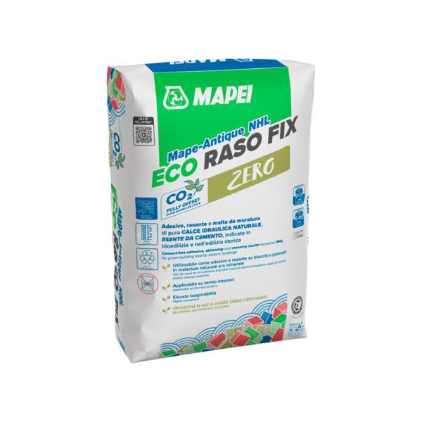 MAPE-ANTIQUE NHL ECO RASO FIX (23Kg) - Adesivo, rasante e malta da muratura, a base di pura calce idraulica naturale e materiale riciclato, esente da cemento, per blocchi e pannelli in fibra di legno, calce canapulo, calcio-silicato o altri materiali naturali e/o minerali, indicato in bioedilizia e nell’edilizia storica.