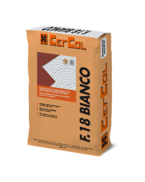F.18 BIANCO (25Kg) - Adesivi monocomponenti al quarzo, a tempo aperto maggiorato a base di cementi PTL 52,5R ed additivi speciali.