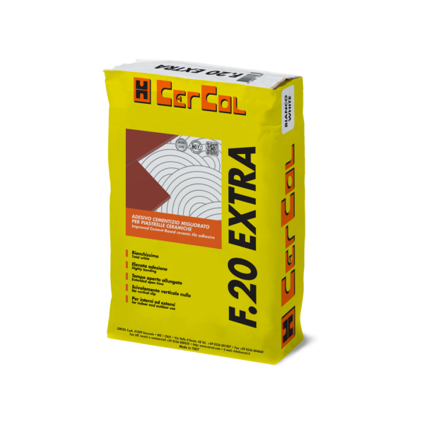 F.20 EXTRA BIANCO (25Kg) - Adesivo monocomponente al quarzo a legante misto, tempo aperto maggiorato, scivolamento verticale nullo, a base di cementi PTL 52,5R ed additivi speciali.