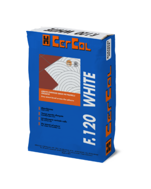 F.120 WHITE (25Kg) - Adesivo monocomponente bianchissimo al quarzo, a tempo aperto maggiorato, scivolamento verticale nullo a base di cementi PTL 52,5R ed additivi speciali.