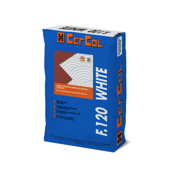F.120 WHITE (25Kg) - Adesivo monocomponente bianchissimo al quarzo, a tempo aperto maggiorato, scivolamento verticale nullo a base di cementi PTL 52,5R ed additivi speciali.
