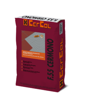 F.55 CERMONO (Bianco 25Kg) - Adesivo monocomponente al quarzo a legante misto, tempo aperto maggiorato, a base di cementi PTL 52,5R ed additivi speciali. Pavimenti e rivestimenti. Interni ed esterni.