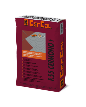 F.55 CERMONO-T (Bianco 25Kg) - Adesivo monocomponente al quarzo a legante misto, tempo aperto maggiorato, scivolamento verticale nullo a base di cementi PTL 52,5R ed additivi speciali.
