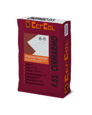F.55 CERMARMO (Bianco 25Kg) - Adesivo monocomponente bianchissimo deformabile al quarzo a legante misto, rapida essiccazione, scivolamento verticale nullo, a base di cementi PTL 52,5R ed additivi speciali.