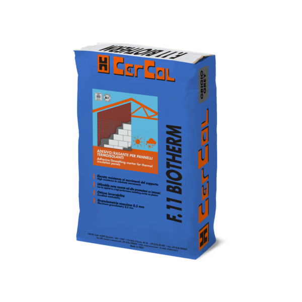 F.11 BIOTHERM (Bianco - Grigio) (25Kg) - Adesivo/rasante a legante misto a base di cementi PTL 52,5R, quarzo ed additivi speciali per l’istallazione di pannelli isolanti (sistema a cappotto) e la successiva rasatura.