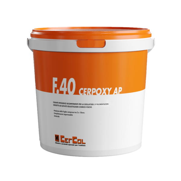 F.40 CERPOXY AP (KIT A+B 10Kg) - Fugante epossidico bicomponente per la sigillatura di pavimentazioni soggette ad elevate sollecitazioni chimico-fisiche e di ampiezza compresa tra 2 e 10 mm.