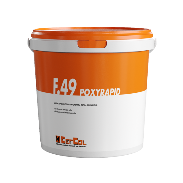 F.49 POXYRAPID (KIT A+B 2Kg) - Adesivo epossidico bicomponente a rapida essiccazione, scivolamento verticale nullo ed elevatissima resistenza meccanica per riparazioni, incollaggio e rinforzo strutturale di elementi in calcestruzzo o cemento armato, pietre naturali, malta e laterizi.