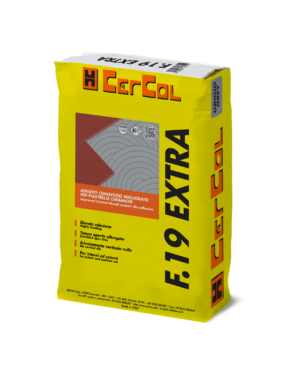 F.19 EXTRA GRIGIO (25Kg) - Adesivo monocomponente grigio al quarzo a legante misto, tempo aperto maggiorato, scivolamento verticale nullo. Classificato C2TE secondo la normativa EN 12004.
