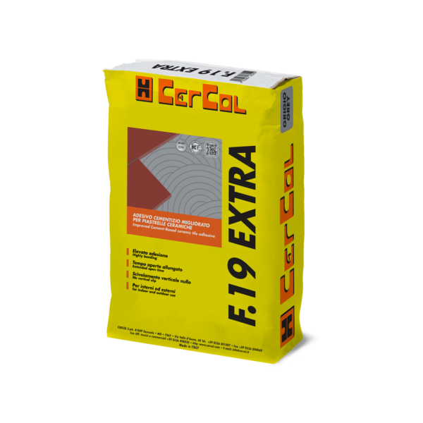 F.19 EXTRA GRIGIO (25Kg) - Adesivo monocomponente grigio al quarzo a legante misto, tempo aperto maggiorato, scivolamento verticale nullo. Classificato C2TE secondo la normativa EN 12004.