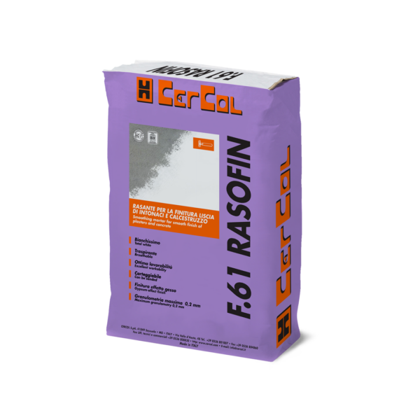 F.61 RASOFIN (BIANCO 20Kg) - Rasante cementizio bianco fine al quarzo a base di cementi speciali ed additivi sintetici per la regolarizzazione di sottofondi fino a 3 mm di spessore.