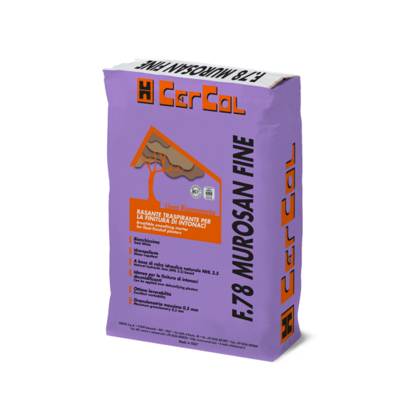 F.78 MUROSAN FINE (BIANCO 25Kg) -Rasante calce/cemento traspirante, idrorepellente, extra bianco, per la finitura civile fine di intonaci deumidificanti e intonaci a base calce/ cemento/ gesso.