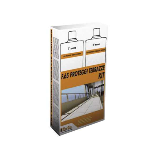 F.65 PROTEGGI TERRAZZE (KIT 1Lt+1Lt) - Kit protettivo a base solvente per il trattamento e il consolidamento superficiale di superfici esterne assorbenti.