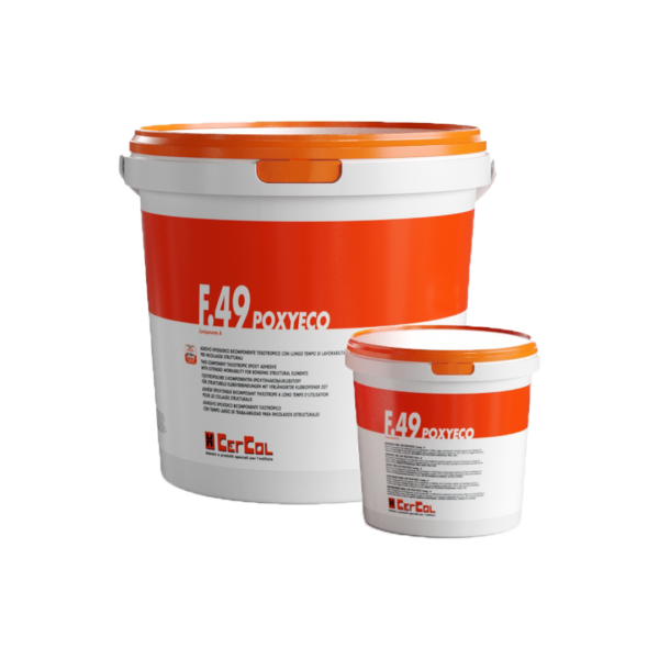 F.49 POXYECO (KIT A+B 6Kg) - Adesivo epossidico bicomponente a scivolamento verticale nullo per riparazione, incollaggio e rinforzo strutturale di elementi in calcestruzzo o cemento armato, pietre naturali, malta e laterizi.