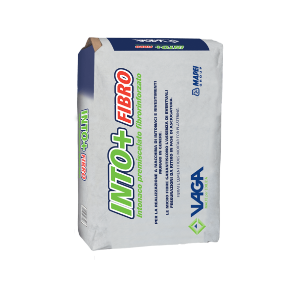 INTO+FIBRO (25Kg) - Intonaco di fondo premiscelato a secco a base di calce idrata e cemento, fibro-rinforzato, per interni ed esterni ad applicazione meccanica.