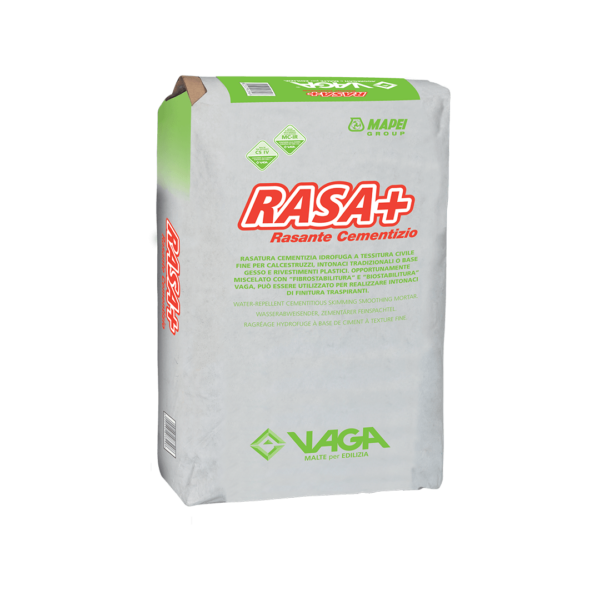 RASA+ (25Kg) - Rasatura cementizia idrofuga monocomponente a granulometria fine di colore grigio, ad indurimento normale.